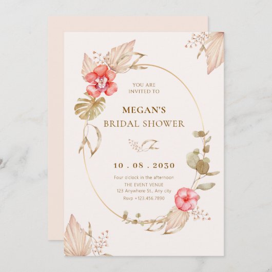 クリーム色の落ち着いた花をあしらったエレガントな結婚前お披露目パーティー 招待状 (正面/裏面)