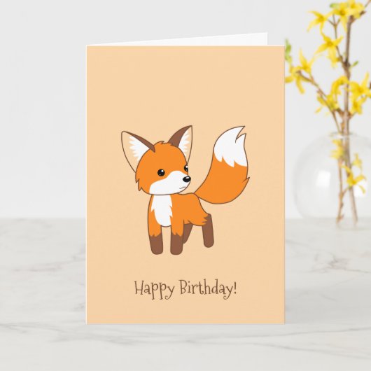 クリーム色の誕生日のかわいく小さいキツネ カード (黄色い花)