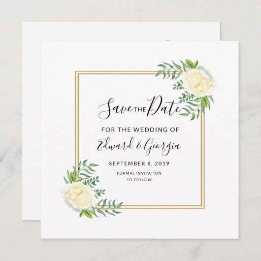 クリーム色の金ゴールドの花柄の保存日付の結婚式の招待 セーブザデート (正面/裏面)