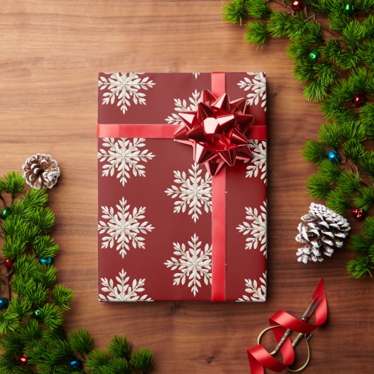 クリーム色の雪の結晶 赤いクリスマス ラッピングペーパー (クリスマスギフト)