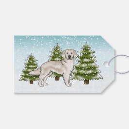 クリーム色ゴールデンレトリバーのブルーカラーの雪のクリスマス ギフトタグ