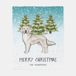 クリーム色ゴールデンレトリバーのブルーカラーの雪のクリスマス フリースブランケット