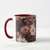 クリーム色、濃い茶色の背景にテラコッタの花 マグカップ (左)