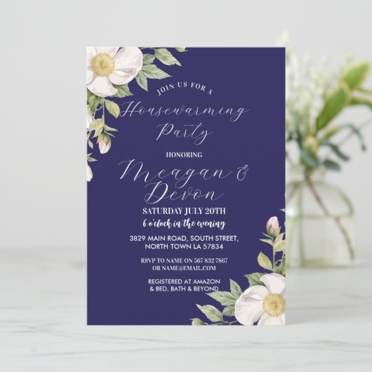 クリーム花模様ホワイトフラワーズ引っ越し祝いパーティーパーティー 招待状 (スタンド正面)