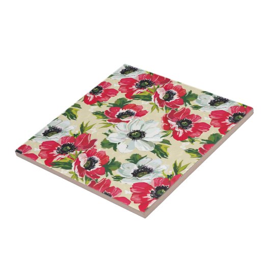 クリーム赤と白イエローの美しいケシ タイル (側面)