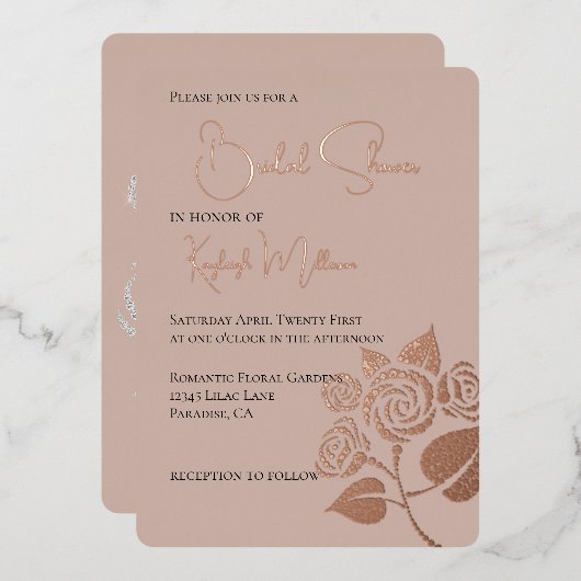 クリーム赤面ダイヤモンドバラブライダルシャワー 箔招待状 (正面/裏面)