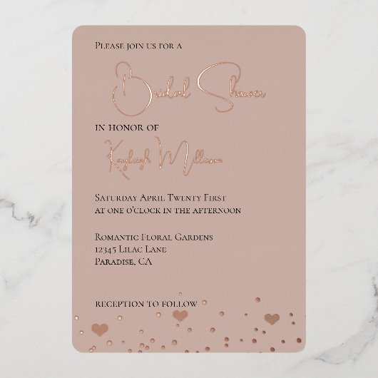 クリーム赤面ダイヤモンド紙吹雪ハートブライダルシャワー 箔招待状 (正面)