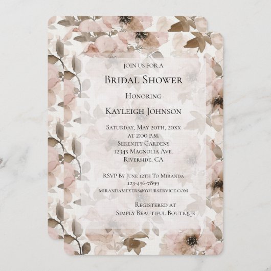 クリーム赤面ピンクフローラブライダルシャワー 招待状 (正面/裏面)