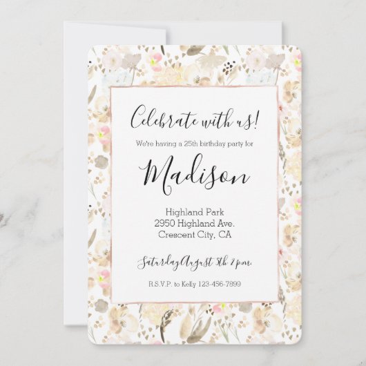 クリーム赤面ピンクフローラ誕生日 招待状 (正面)