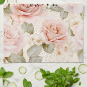 クリーム赤面ピンクローズフローラ キッチンタオル (折り畳み)