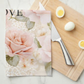 クリーム赤面ピンクローズフローラ キッチンタオル (四つ折り)