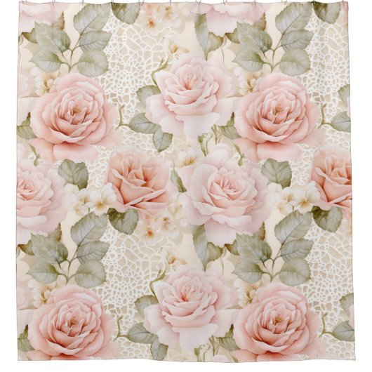 クリーム赤面ピンクローゼスフローラブライダルシャワー シャワーカーテン (正面)