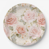 クリーム赤面ピンクローゼスフローラブライダルシャワー ペーパープレート (正面)