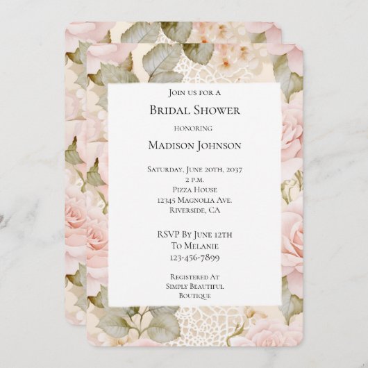 クリーム赤面ピンクローゼスフローラブライダルシャワー 招待状 (正面/裏面)