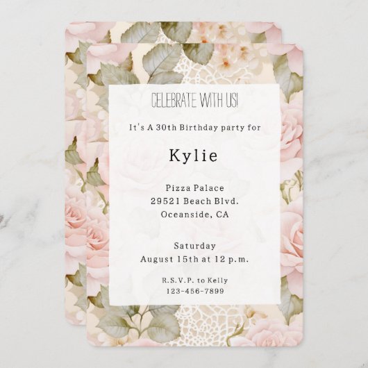クリーム赤面ピンクローゼスフローラ誕生日 招待状 (正面/裏面)