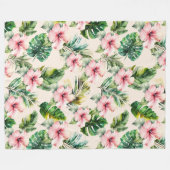 クリーム赤面ピンク熱帯離れハイビスカスフラワー フリースブランケット (正面(横))