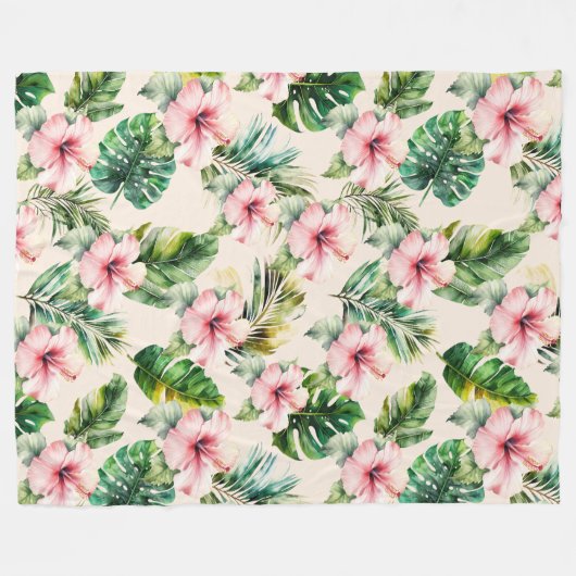 クリーム赤面ピンク熱帯離れハイビスカスフラワー フリースブランケット (正面(横))
