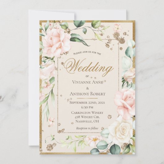 クリーム赤面フローラウォーターカラーロマンチック結婚ズ 招待状 (正面)