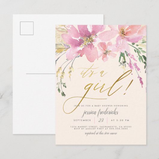 クリーム赤面&金ゴールド女の子フローラベビーシャワー インビテーションポストカード (正面/裏面)