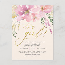 クリーム赤面&金ゴールド女の子フローラベビーシャワー インビテーションポストカード