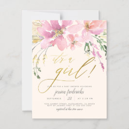 クリーム赤面&金ゴールド女の子フローラベビーシャワー マグネット招待状