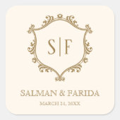 クリーム金ゴールドクレストモノグラム結婚式の引き出物 スクエアシール (正面)