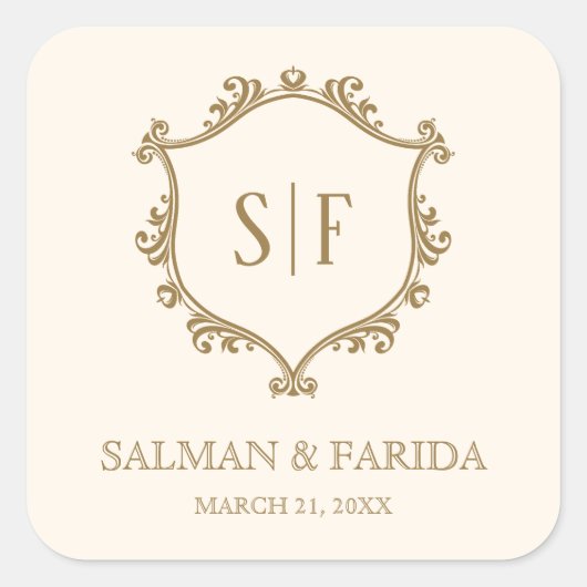 クリーム金ゴールドクレストモノグラム結婚式の引き出物 スクエアシール (正面)