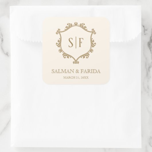 クリーム金ゴールドクレストモノグラム結婚式の引き出物 スクエアシール (バッグ)