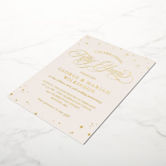 クリーム金ゴールドスター50周年結婚を迎える 箔招待状 (回転した状態)