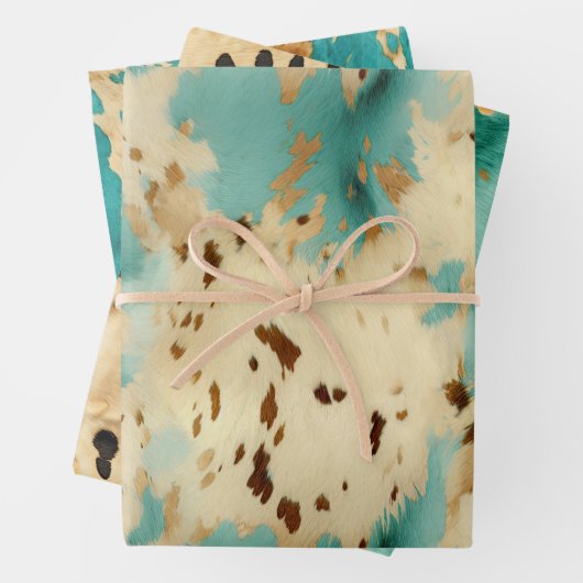クリーム金ゴールドターコイズ牛皮動物 ラッピングペーパーシート (インサイチュ)