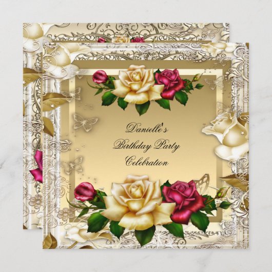 クリーム金ゴールドピンクレッドローゼエレガントバースデーパーティー 招待状 (正面/裏面)