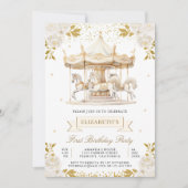 クリーム金ゴールドフローラ回転木馬ファーストバースデーパーティー 招待状 (正面)