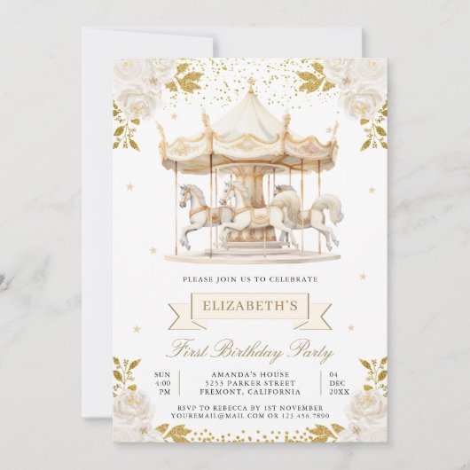 クリーム金ゴールドフローラ回転木馬ファーストバースデーパーティー 招待状 (正面)