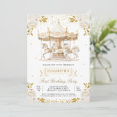 クリーム金ゴールドフローラ回転木馬ファーストバースデーパーティー 招待状 (スタンド正面)