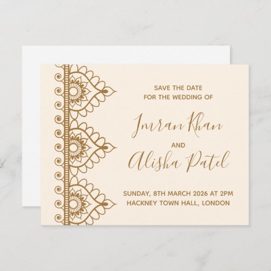 クリーム金ゴールドヘナデシインディアン結婚式招待状 出欠カード (正面/裏面)