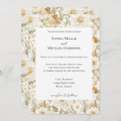 クリーム金ゴールドホワイトカントリー結婚フラワーズ 招待状 (正面/裏面)