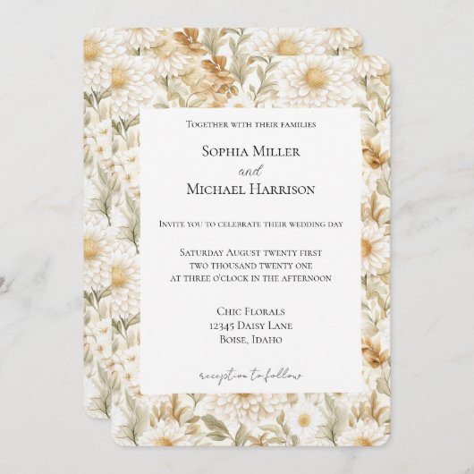 クリーム金ゴールドホワイトカントリー結婚フラワーズ 招待状 (正面/裏面)