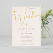 クリーム金ゴールドミニマルタイポグラフィ結婚ズ 箔招待状 (立ち正面)