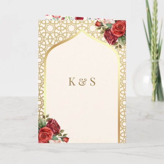 クリーム金ゴールドレッドローゼオールインワンシーク結婚ズ 招待状 (裏面)