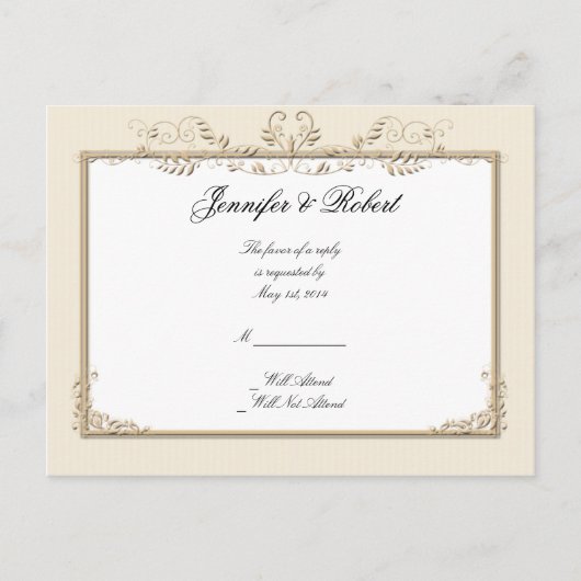 クリーム金ゴールドヴィンテージピンストライプフローラRSVPポストカード インビテーションポストカード (正面)