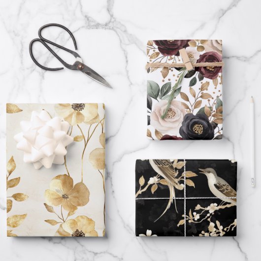 クリーム金ゴールド結婚フローラ ラッピングペーパーシート (正面)