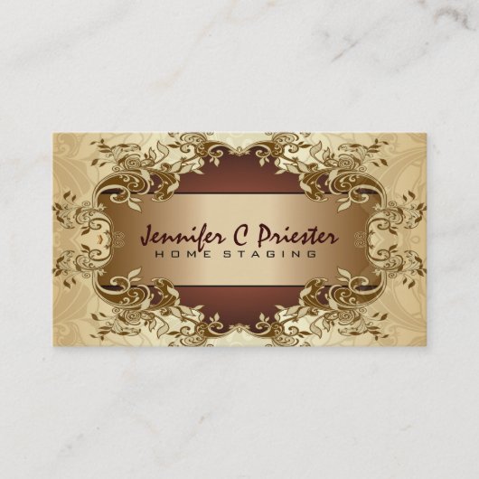 クリーム金ゴールド&ブラウンヴィンテージフローラデザイン 名刺 (正面)