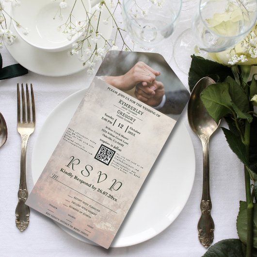 クリーム風化ホワイトウォッシュテクスチャQRコードフォト オールインワン招待状