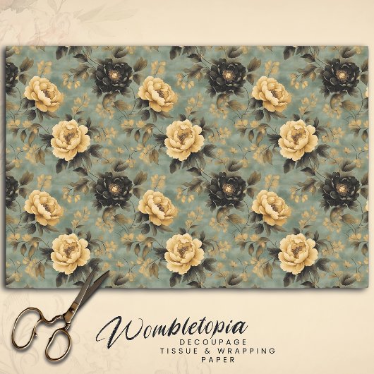 クリーム&エレガントブラックバラオンザージグリーンデコップページ 薄葉紙