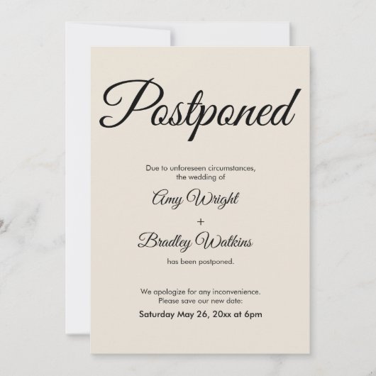 クリーム エレガント 延期 結婚式のお知らせ 招待状 (正面)