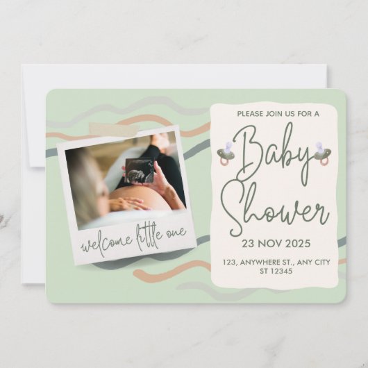 クリーム&グリーンかわいい水の色クラシックの赤ちゃんシャワー 招待状 (正面)