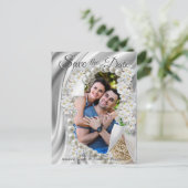 クリーム、グリーン、ブルーのシルク&アイボリー真珠の日付保存 案内ポストカード (スタンド正面)