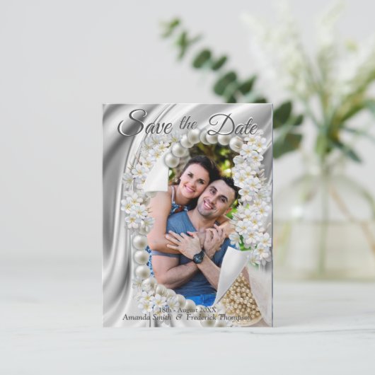 クリーム、グリーン、ブルーのシルク&アイボリー真珠の日付保存 案内ポストカード (スタンド正面)