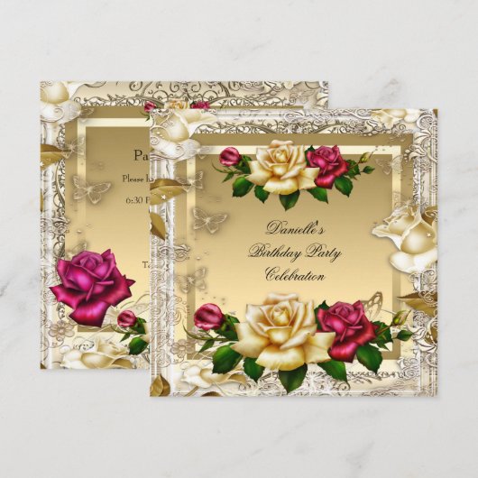 クリーム ゴールド ピンク レッド ローズ エレガント バースデー パーティー 招待状 (正面/裏面)