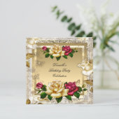 クリーム ゴールド ピンク レッド ローズ エレガント バースデー パーティー 招待状 (スタンド正面)